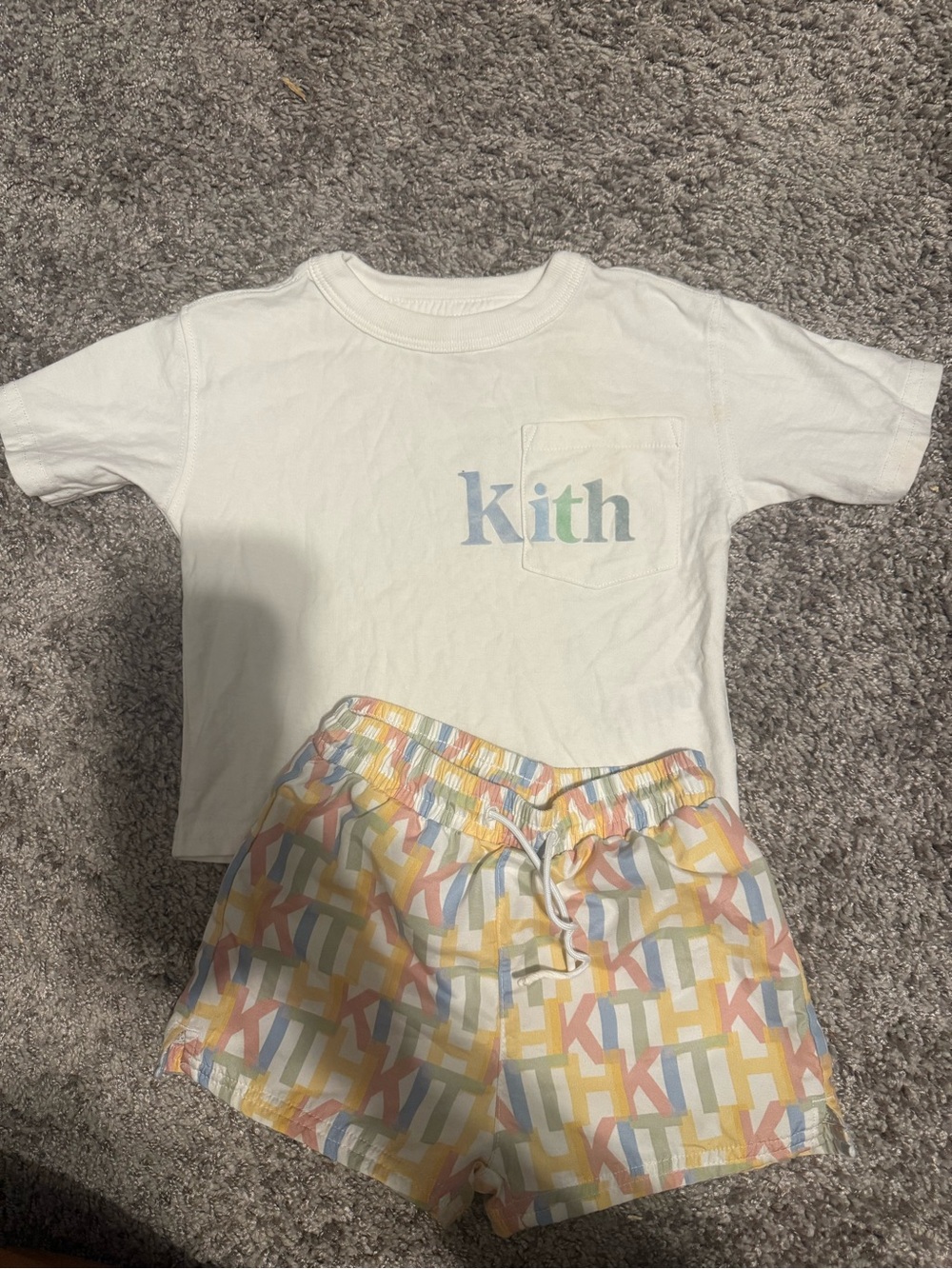 Kith White Tee with Pastel Multi-Color Logo & Matching Pastel Shorts